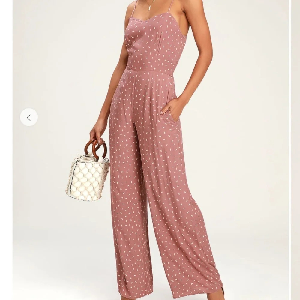 Lulus In Demand Mauve Print Sleeveless Wide Leg Spotted Jumpsuit Size Small NWT